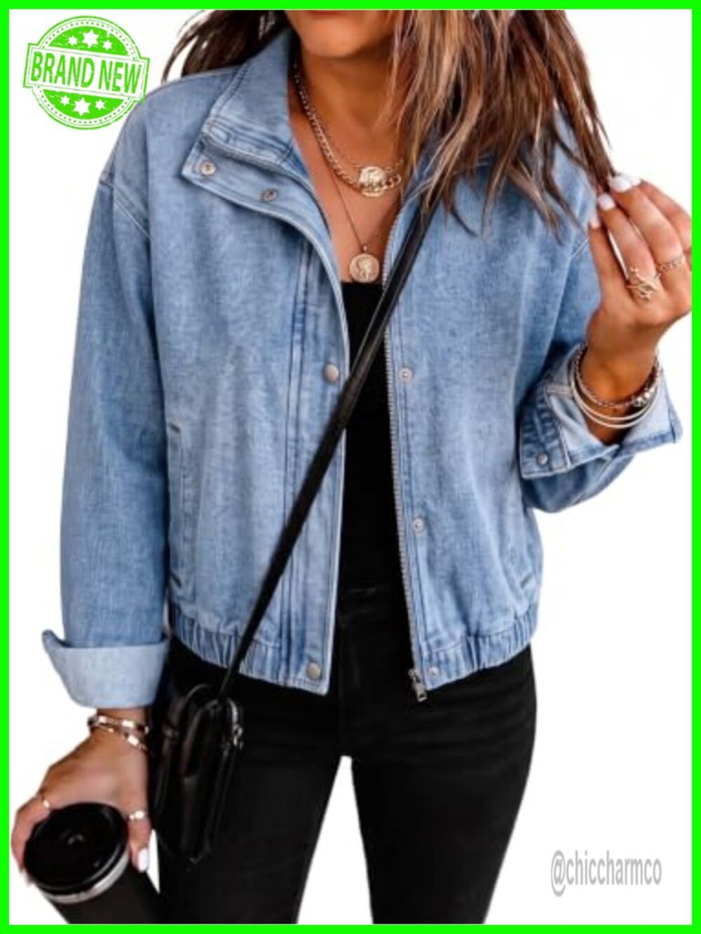 Cropped Oversized Denim Jacket Zip Up Jean Bomber